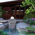 Traditional Chinese Garden Landscape with Wooden Pavilion Lotus Fountain Rockery and Purple Flowers