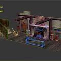 Cartoon Scene of Rustic Tavern Interior with Wooden Stairs Barrel Fireplace Flames and Stools