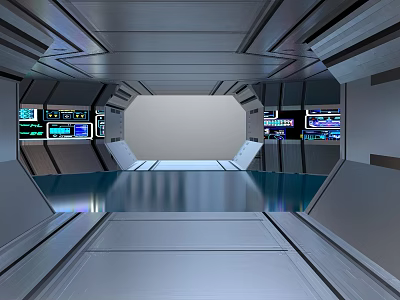 Modern Futuristic Elevator Corridor With Metallic Walls Sleek Reflective Floor And Display Screens 3d model