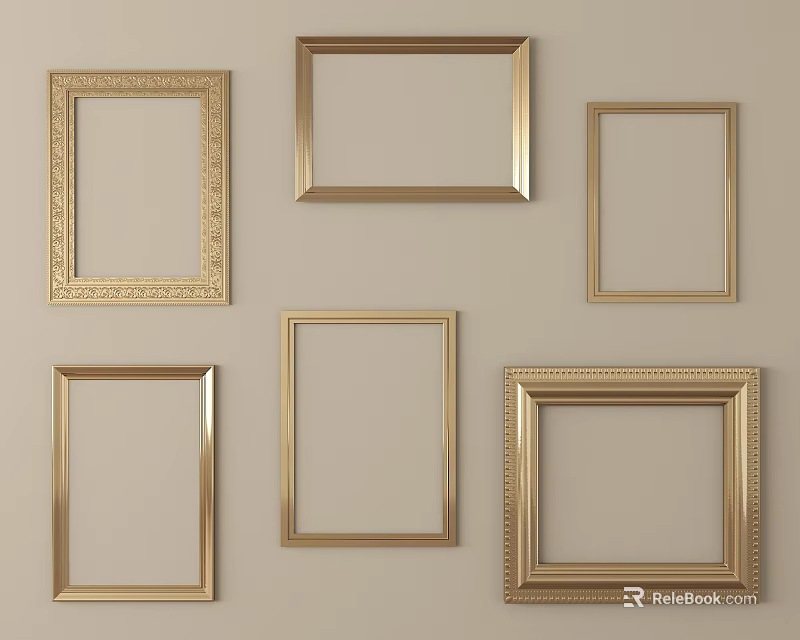 Golden Picture Frames With Various Styles Hanging On Beige Wall 3d model 