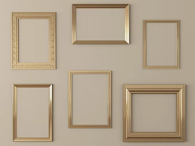 Golden Picture Frames With Various Styles Hanging On Beige Wall 3d model