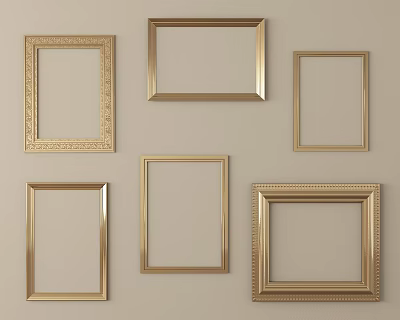 Golden Picture Frames With Various Styles Hanging On Beige Wall 3d model