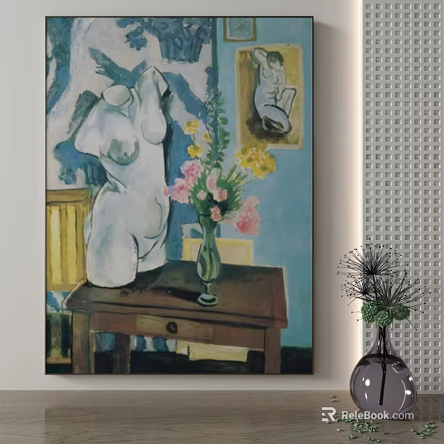 Artwork With White Sculpture Vase Flowers On Wooden Table And Blue Background 3d model 