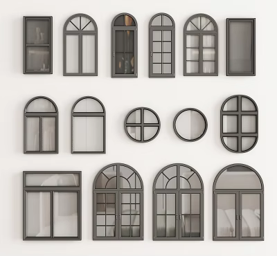 Modern Floor to Ceiling Windows Design with Various Shapes and Black Frames Interior 3d model