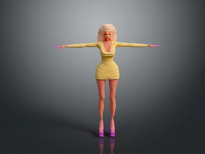 Little Girl with Puffy Hair in Yellow Dress and Pink Shoes Arms Outstretched 3d model