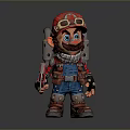 Cartoon Worker Character Wearing Blue Overalls Red Hard Hat Goggles Holding Tool
