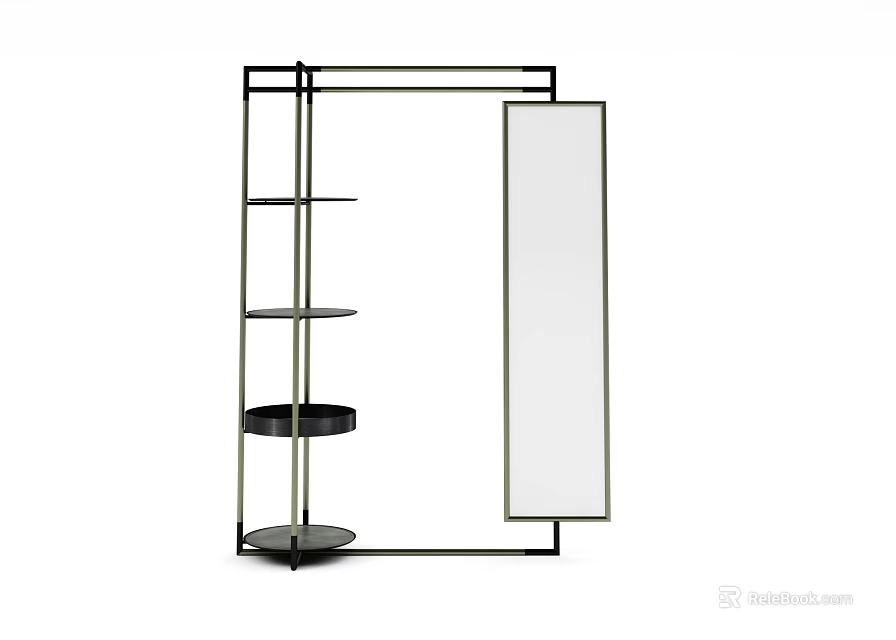 Modern Storage Shelf Rack With Multiple Shelves Round Tray And Mirror Panel 3d model 