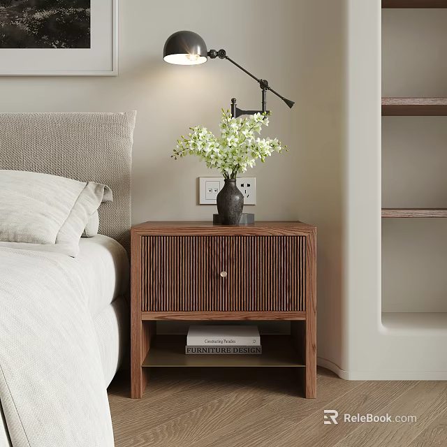 Modern Wooden Decorative Cabinet In Bedroom With Lamp Flowers And Books 3d model 