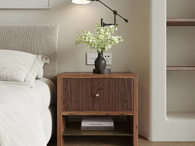Modern Wooden Decorative Cabinet In Bedroom With Lamp Flowers And Books 3d model