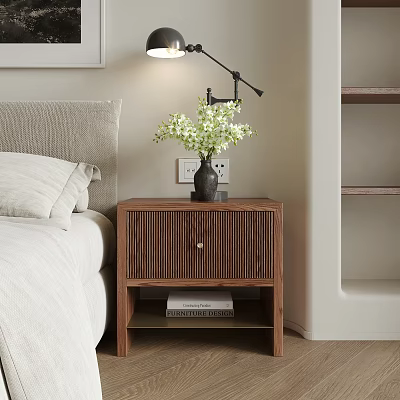 Modern Wooden Decorative Cabinet In Bedroom With Lamp Flowers And Books 3d model