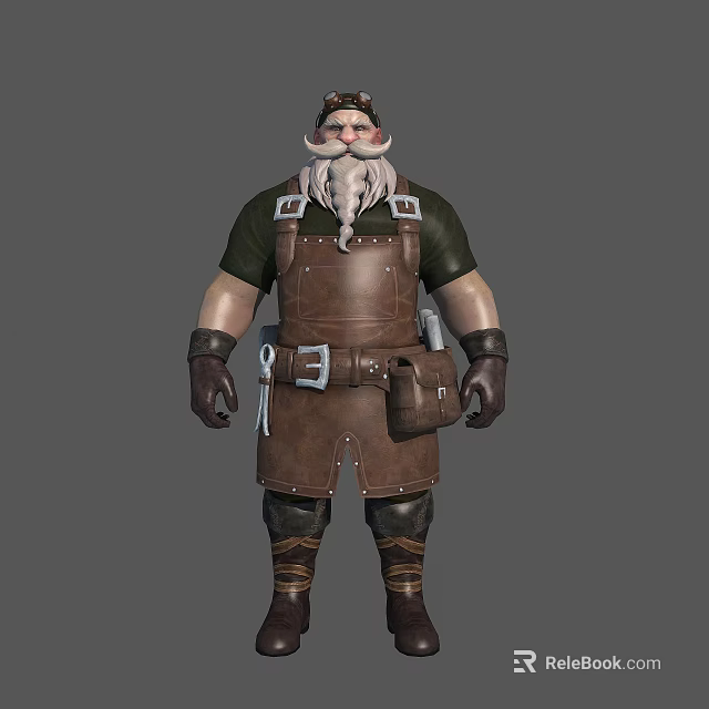 Bearded Dwarf Blacksmith Character Wearing Leather Apron With Tool Belt And Tools 3d model 