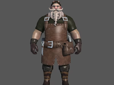 Bearded Dwarf Blacksmith Character Wearing Leather Apron With Tool Belt And Tools 3d model