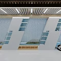 Modern Campus Corridor With Linear Ceiling Lights Plant Shelves Robot And Wooden Benches