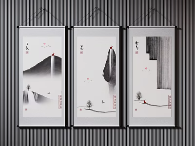Chinese Ink Paintings Three Hanging Scrolls With Mountain Water And Traditional Elements 3d model