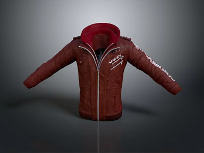 Red Leather Hooded Jacket With Zipper Front And White Sleeve Designs 3d model