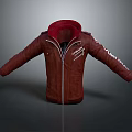 Red Leather Hooded Jacket With Zipper Front And White Sleeve Designs