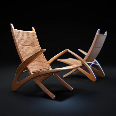 Wooden Lounge Chair With Modern Woven Seat And Curved Frame Design 3d model