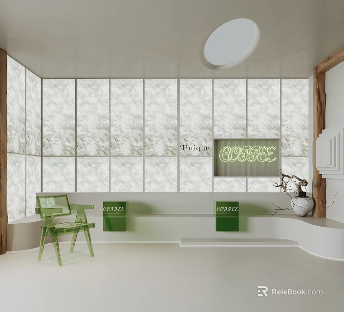 Vintage Electric Cafe Interior With Green Chairs White Bench And Large Textured Windows 3d model 