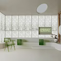 Vintage Electric Cafe Interior With Green Chairs White Bench And Large Textured Windows