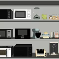Essential Kitchen Appliances On Shelves With Microwaves Blender Coffee Maker Toaster And Kettle