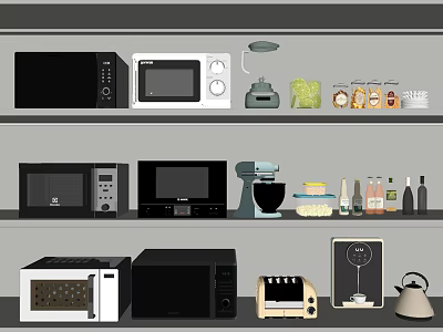 Essential Kitchen Appliances On Shelves With Microwaves Blender Coffee Maker Toaster And Kettle 3d model