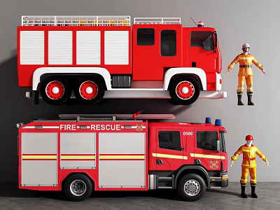 Detailed Red Fire Rescue Vehicles With Firefighter Figures And Rescue Design 3d model