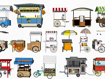 Various Style Mobile Food Carts With Wheels Umbrellas For Street Vending 3d model