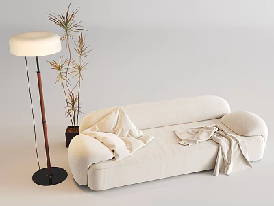 Soft Beige Two Seater Sofa With Decorative Pillows And Blanket Modern Floor Lamp And Plant 3d model
