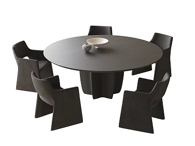 Modern Dark Round Dining Table Set with Four Chairs Bowl and Decorative Ornament 3d model