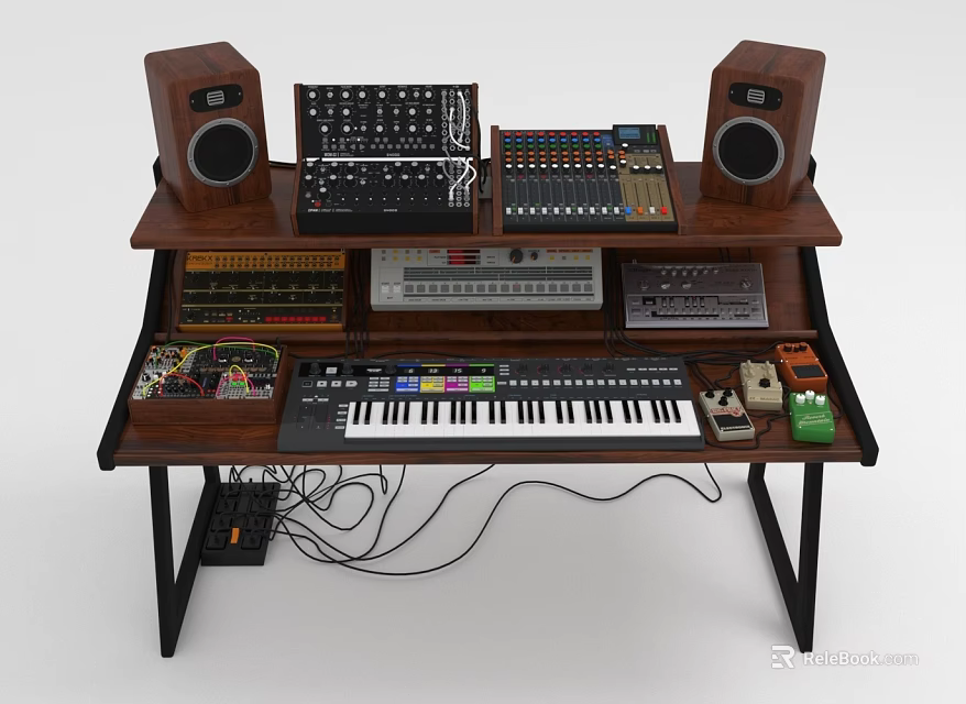 Professional Music Production Workstation With Speakers Mixer Synthesizer Keyboard And Cables 3d model 