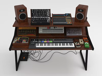Professional Music Production Workstation With Speakers Mixer Synthesizer Keyboard And Cables 3d model