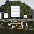 Night Garden Landscape With Large Screens Bonfire And People Gathering On Lawn