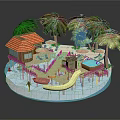 Cartoon Tropical Island Scene With Palm Trees Wooden Hut Slide And Swimming Pool