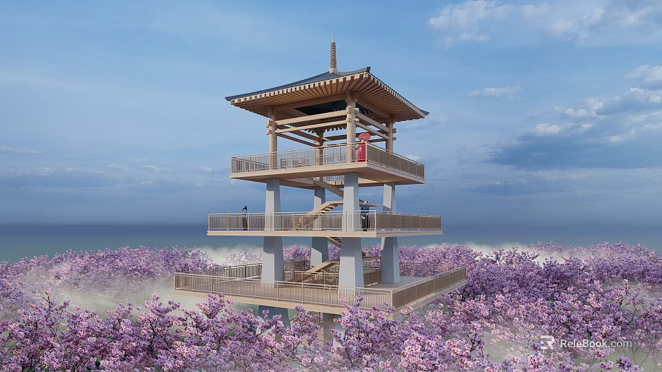 Scenic Multi Level Roadside Facility With Wooden Observation Deck Cherry Blossoms And Sea View 3d model 