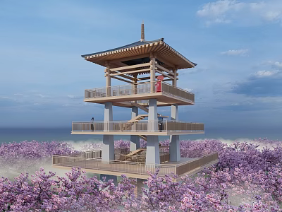 Scenic Multi Level Roadside Facility With Wooden Observation Deck Cherry Blossoms And Sea View 3d model