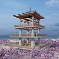 Scenic Multi Level Roadside Facility With Wooden Observation Deck Cherry Blossoms And Sea View