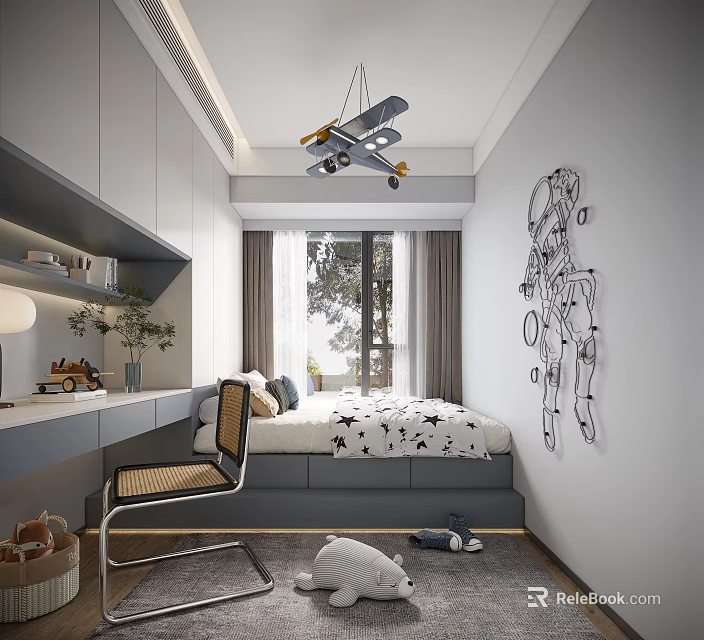 Modern Kids Room Interior With Bed Desk Airplane Mobile Wall Art And Storage 3d model 
