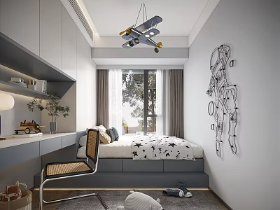 Modern Kids Room Interior With Bed Desk Airplane Mobile Wall Art And Storage 3d model