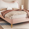 Double Bed with Pink Wave Design Headboard Lit Back Wall Rabbit Toy Nightstand and Desk