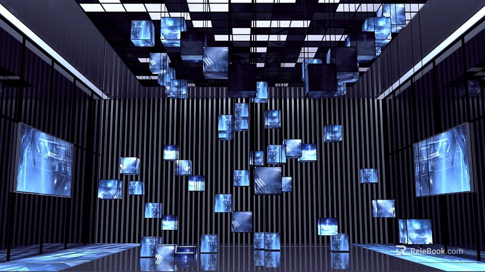 Futuristic Modern Art Installation With Hanging Illuminated Square Panels And Reflective Floor 3d model 