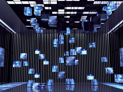 Futuristic Modern Art Installation With Hanging Illuminated Square Panels And Reflective Floor 3d model