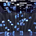 Futuristic Modern Art Installation With Hanging Illuminated Square Panels And Reflective Floor
