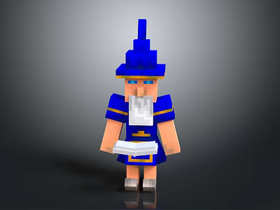 Minecraft Style Character In Blue Outfit And Hat With White Beard Holding Scroll 3d model