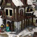 Snowy Building Blocks House with Snow Covered Roof Chimney Tree Pond Mini Figures Animals