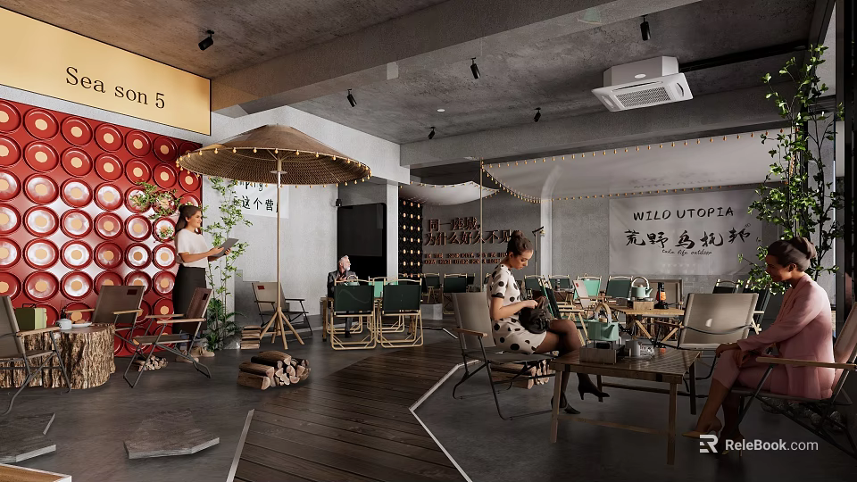 Chinese Style Restaurant Interior Featuring Red Circular Patterned Walls Wooden Flooring Umbrella Decor And Customers 3d model 