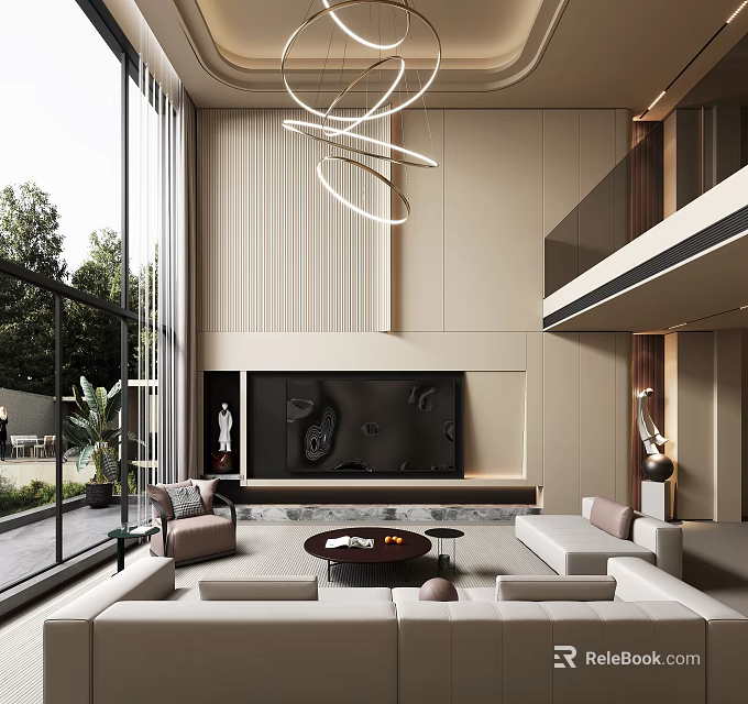 Modern Duplex Living Room Interior With Circular Hanging Lights Sofa Set And Large Windows 3d model 