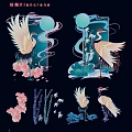 Elegant Traditional Chinese Crane Ornament With Moon Cherry Blossoms Bamboo And Blue Pink Design