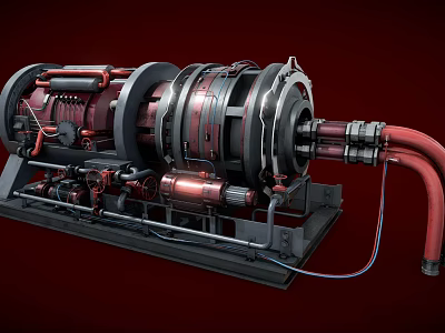 Large Industrial Machinery With Metallic Components Red Pipes And Black Base Structure 3d model