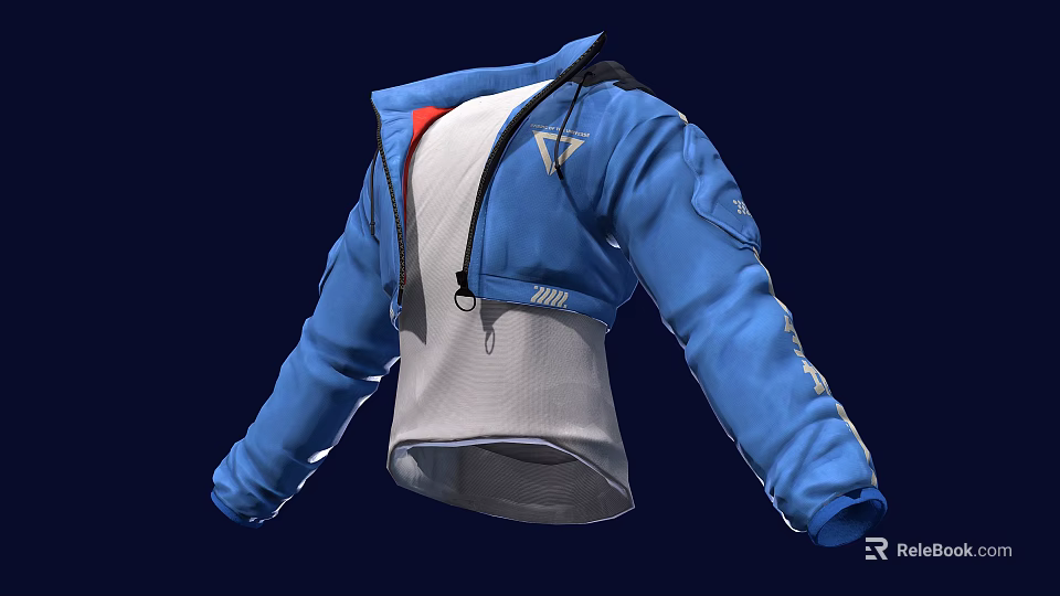Hooded Blue Jacket With White Inner Layer Long Sleeves And Zipper Design 3d model
