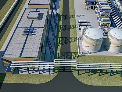 Modern Industrial Factory Building With Flat Roof Large Storage Tanks Metal Walkway And Industrial Pipes 3d model